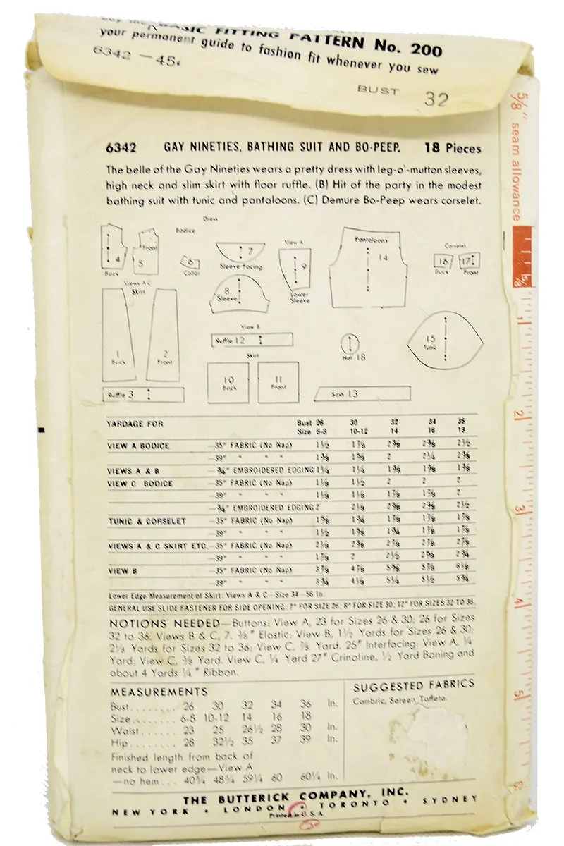 1950s Butterick 6342 1890s Costume Sewing Pattern