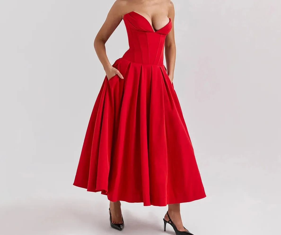 A&A Luxe V Neck Strapless Pleated Dress