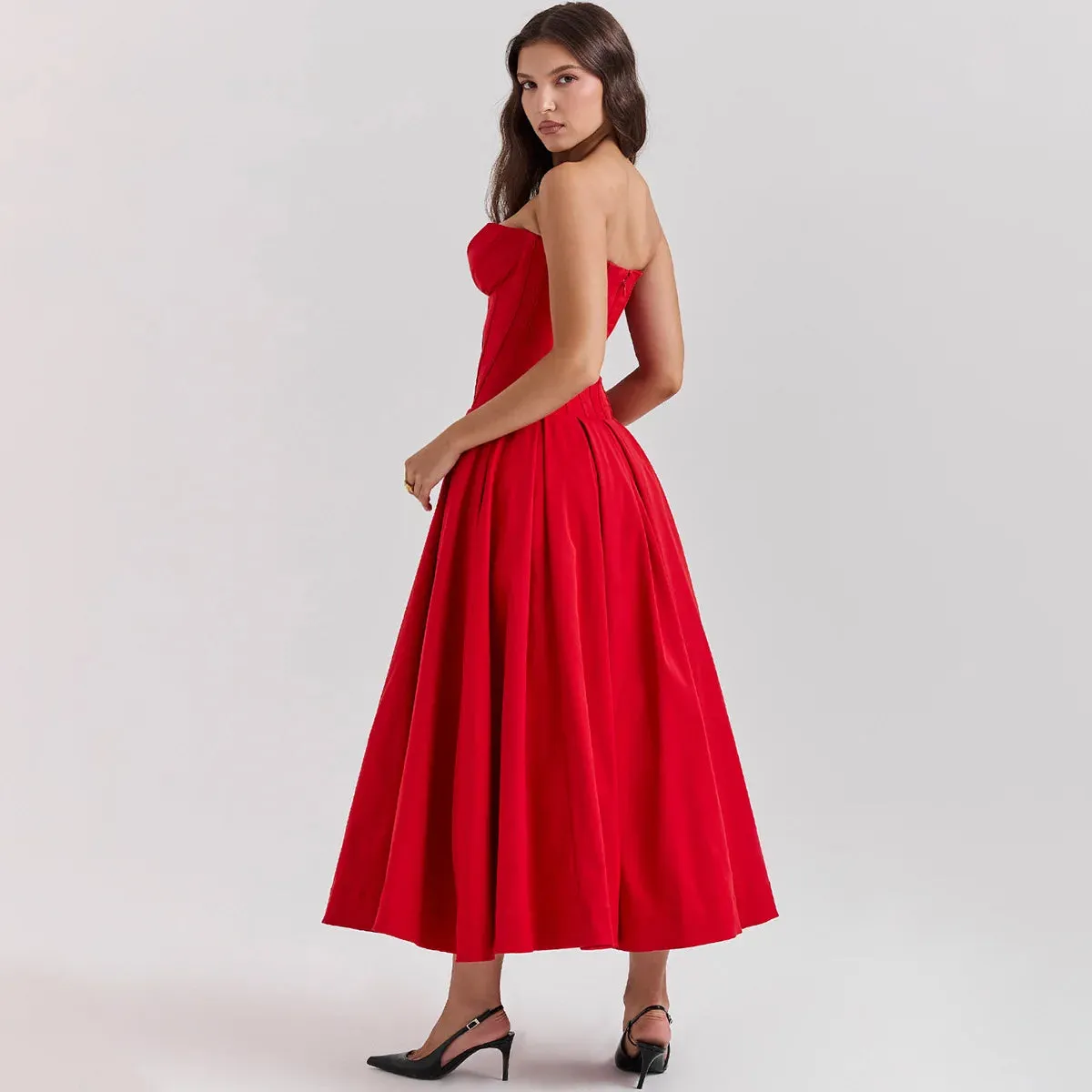 A&A Luxe V Neck Strapless Pleated Dress