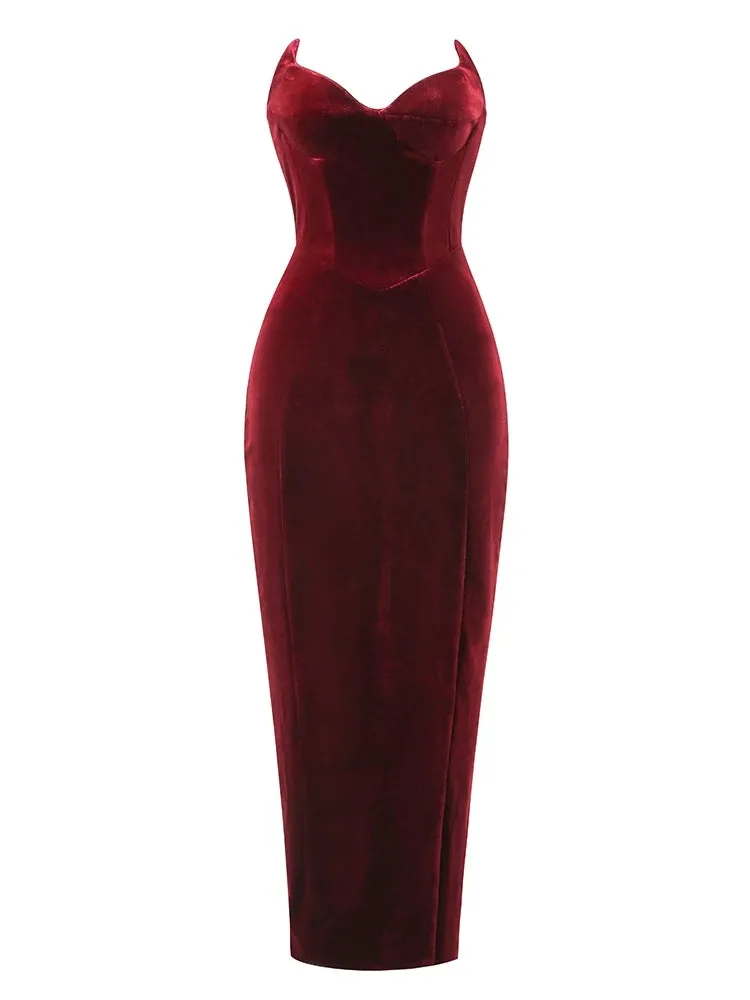 A&A Strapless V Neck Velvet Maxi Dress