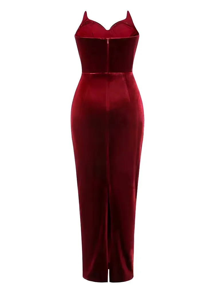 A&A Strapless V Neck Velvet Maxi Dress