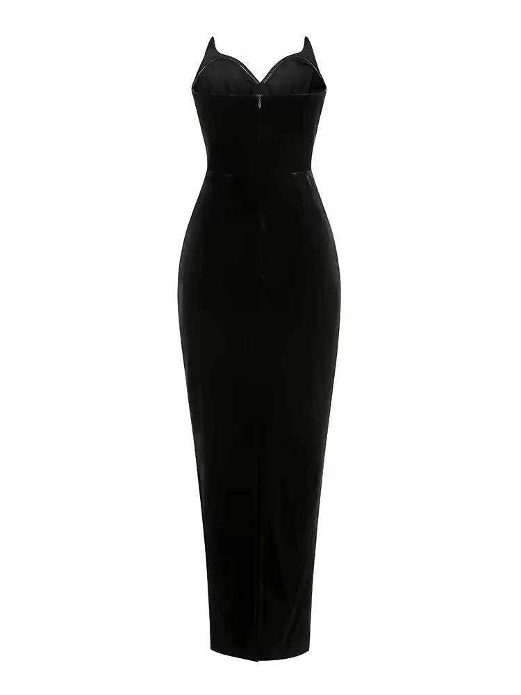 A&A Strapless V Neck Velvet Maxi Dress