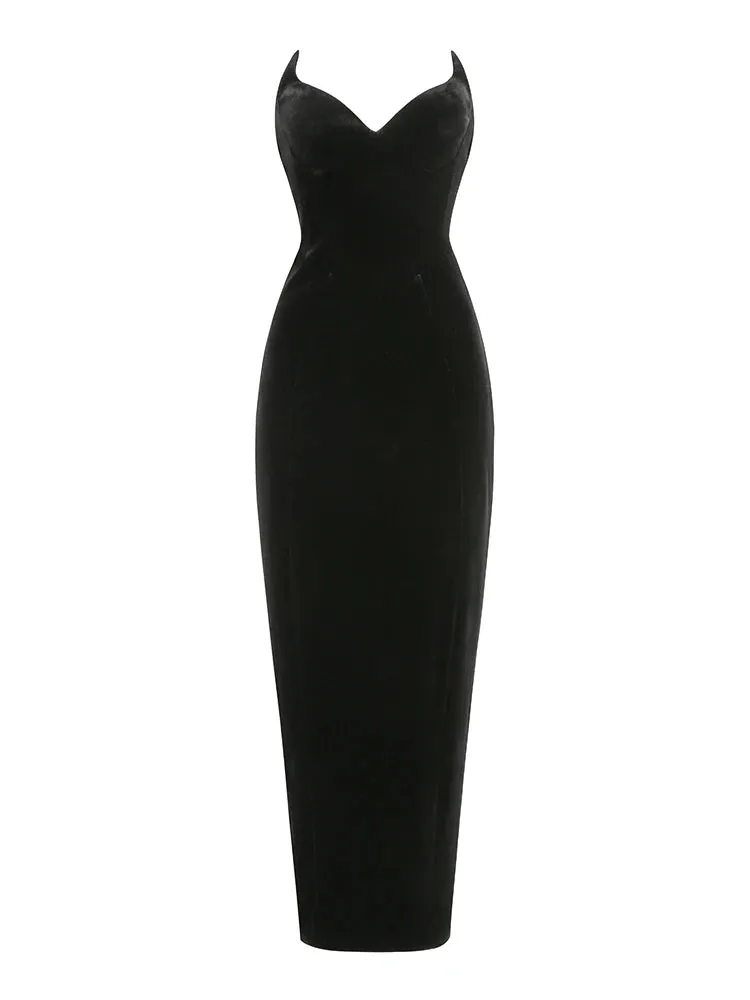 A&A Strapless V Neck Velvet Maxi Dress