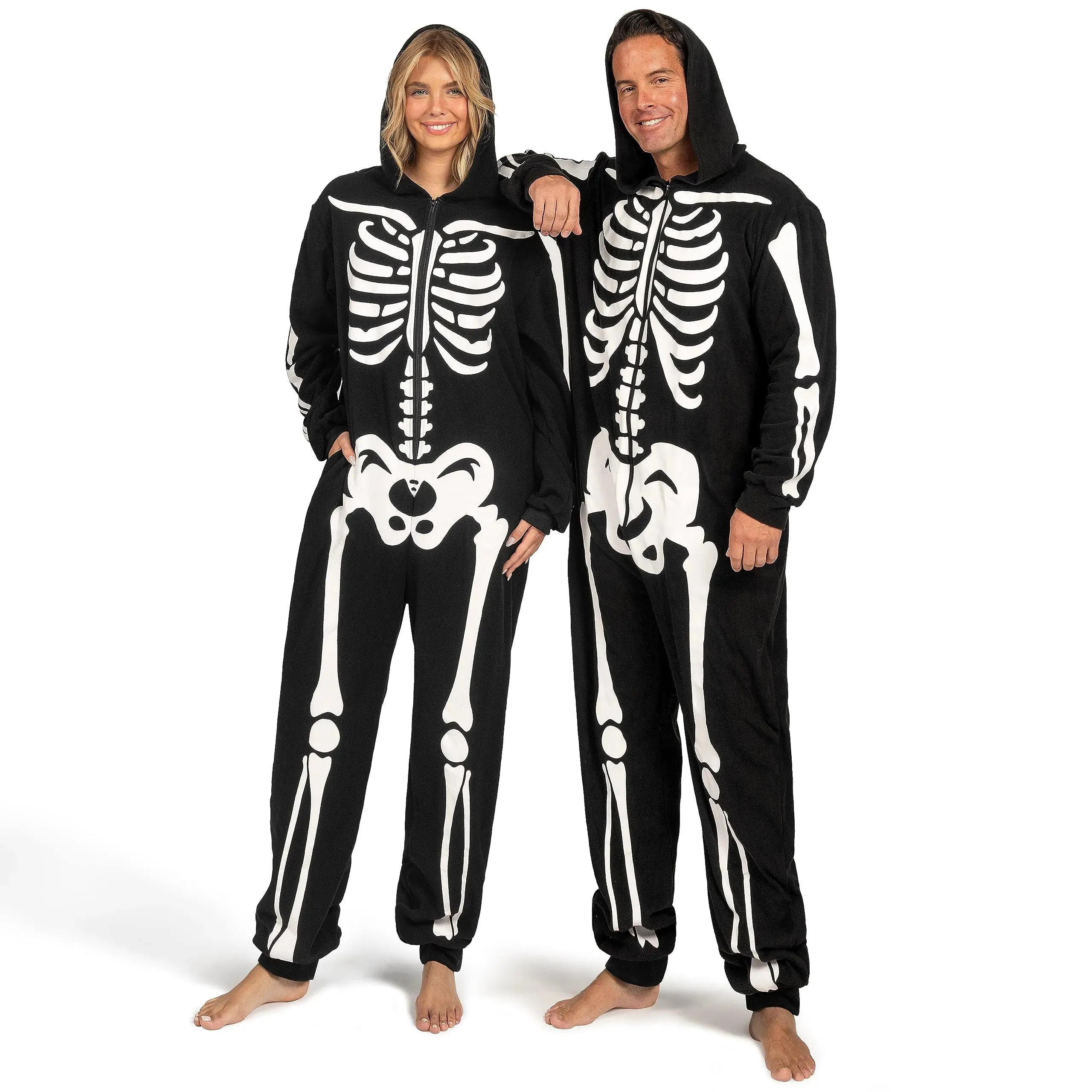 Adult Skeleton Costume for Men Glow in the Dark jumpsuit Pajama Zip-Up Hooded