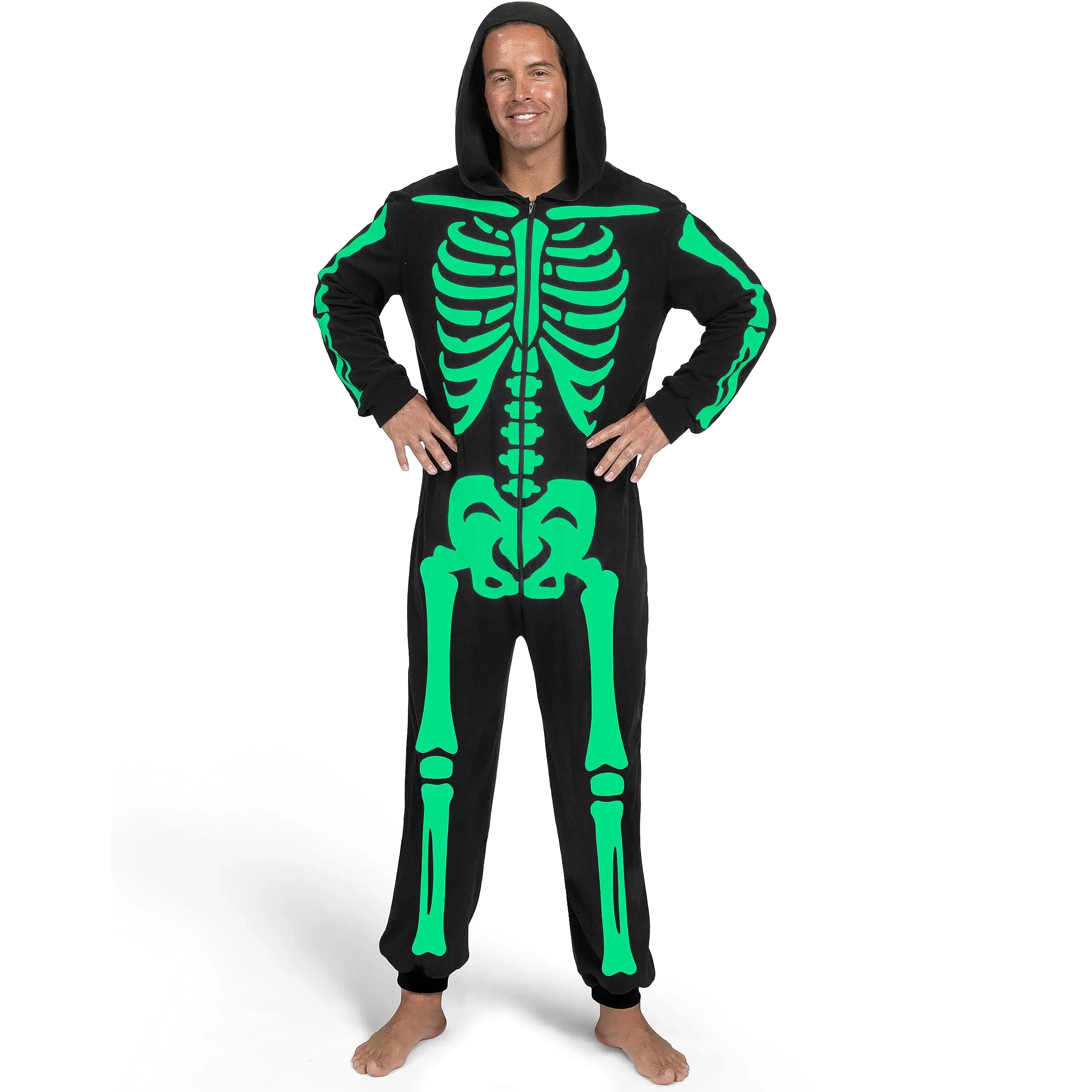 Adult Skeleton Costume for Men Glow in the Dark jumpsuit Pajama Zip-Up Hooded