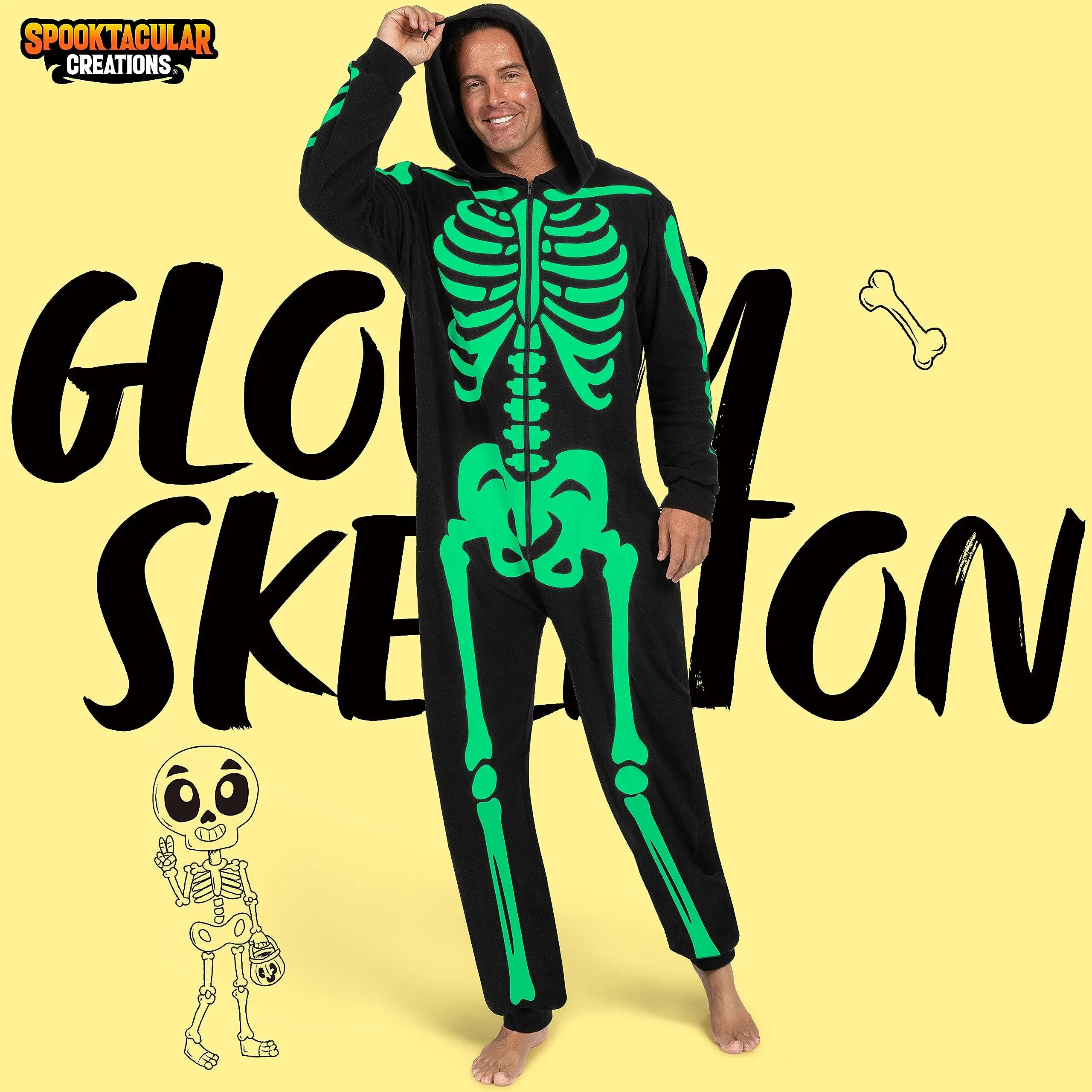 Adult Skeleton Costume for Men Glow in the Dark jumpsuit Pajama Zip-Up Hooded