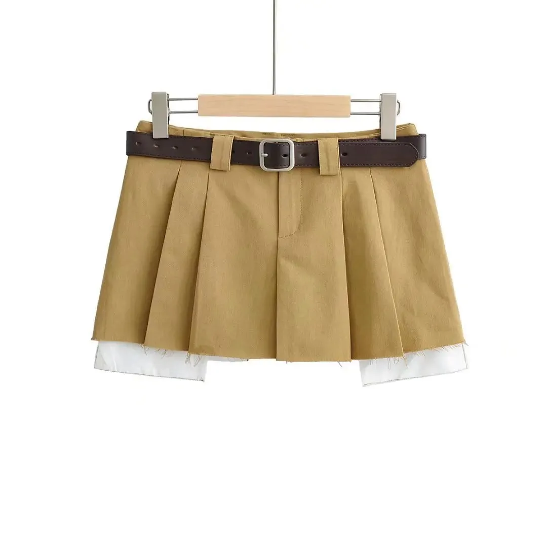 ADVBRIDGE Y2K Skirts Women Cotton Low Waist Pleated Mini Skirts Summer Harajuku Streetwear Pocket With Belts Micro Skirt