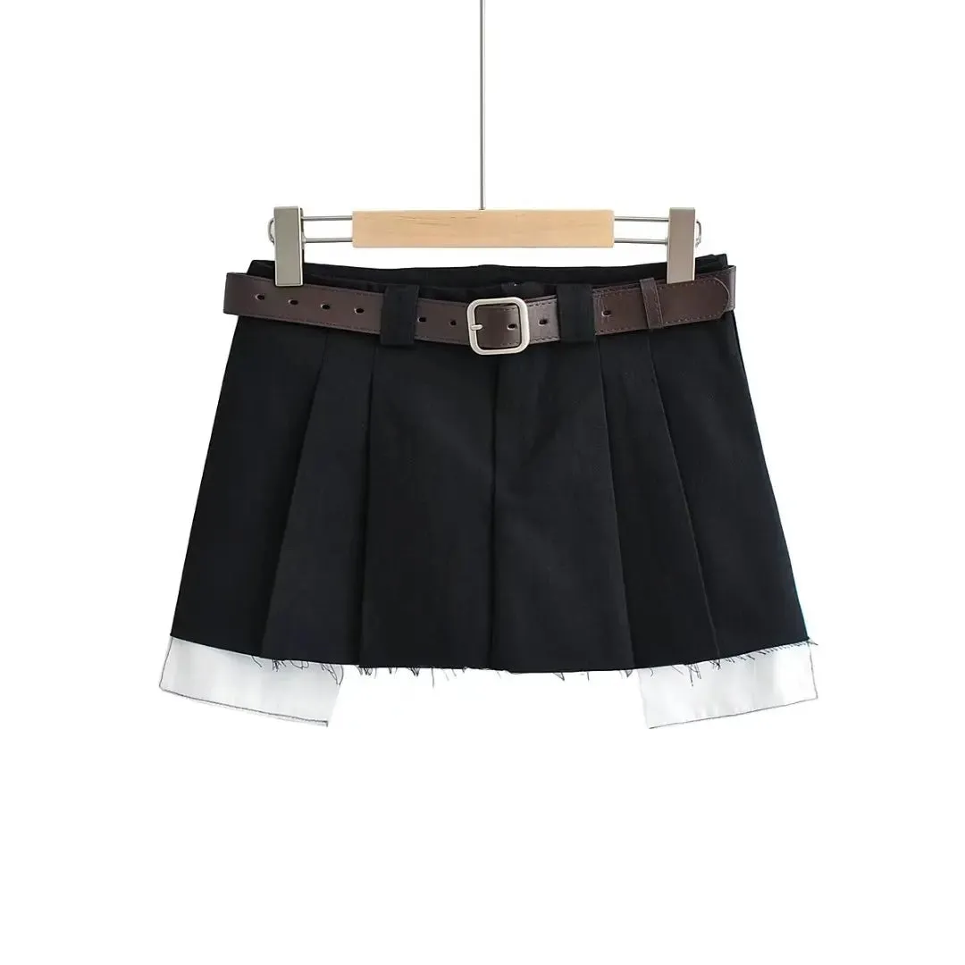 ADVBRIDGE Y2K Skirts Women Cotton Low Waist Pleated Mini Skirts Summer Harajuku Streetwear Pocket With Belts Micro Skirt