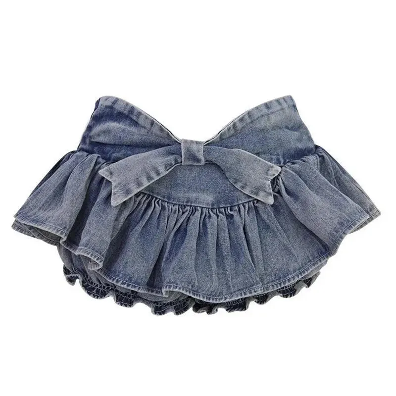 Aiertu Grunge Y2k Bow Denim Skirt with shorts Kawaii Women Vintage Gyaru Ruffle Low Waist Sexy Pleated Mini Skirts Summer Streetwear