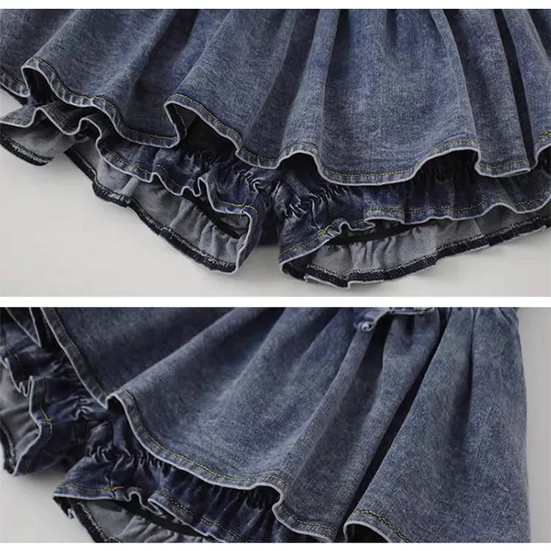 Aiertu Grunge Y2k Bow Denim Skirt with shorts Kawaii Women Vintage Gyaru Ruffle Low Waist Sexy Pleated Mini Skirts Summer Streetwear