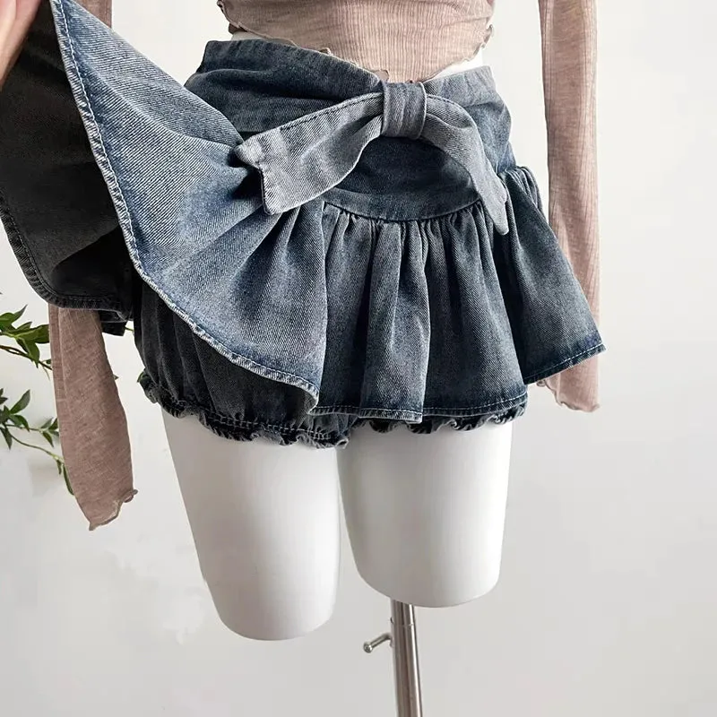 Aiertu Grunge Y2k Bow Denim Skirt with shorts Kawaii Women Vintage Gyaru Ruffle Low Waist Sexy Pleated Mini Skirts Summer Streetwear