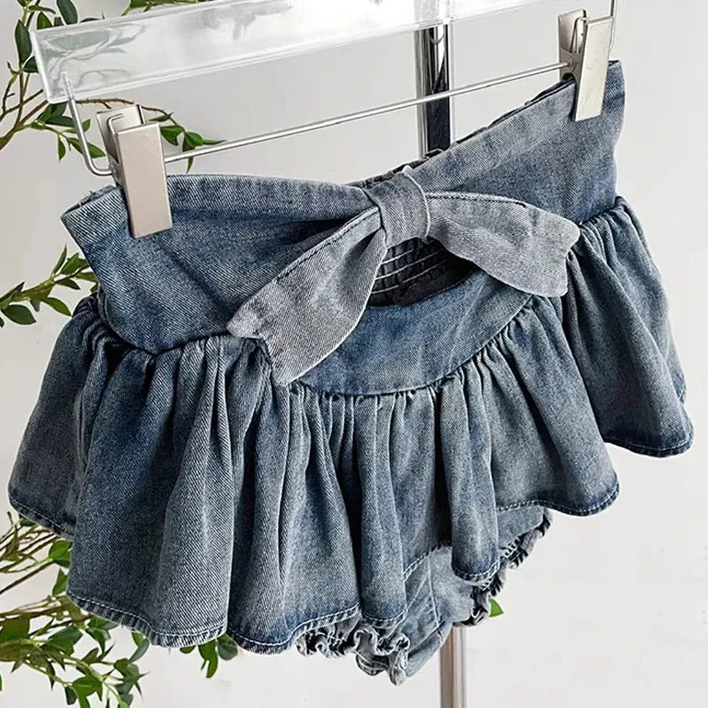 Aiertu Grunge Y2k Bow Denim Skirt with shorts Kawaii Women Vintage Gyaru Ruffle Low Waist Sexy Pleated Mini Skirts Summer Streetwear