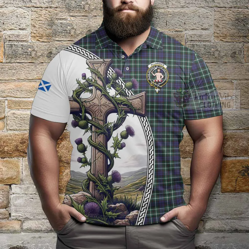 Allardice Tartan Polo Shirt with Family Crest and St. Andrew's Cross Accented by Thistle Vines