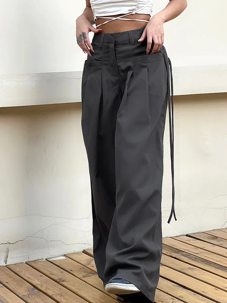 Amozae Casual Wide Leg Pants Women High Waist Street Basic Slacks Loose Sweat Trousers Korean Retro Gray Office Lady Pants