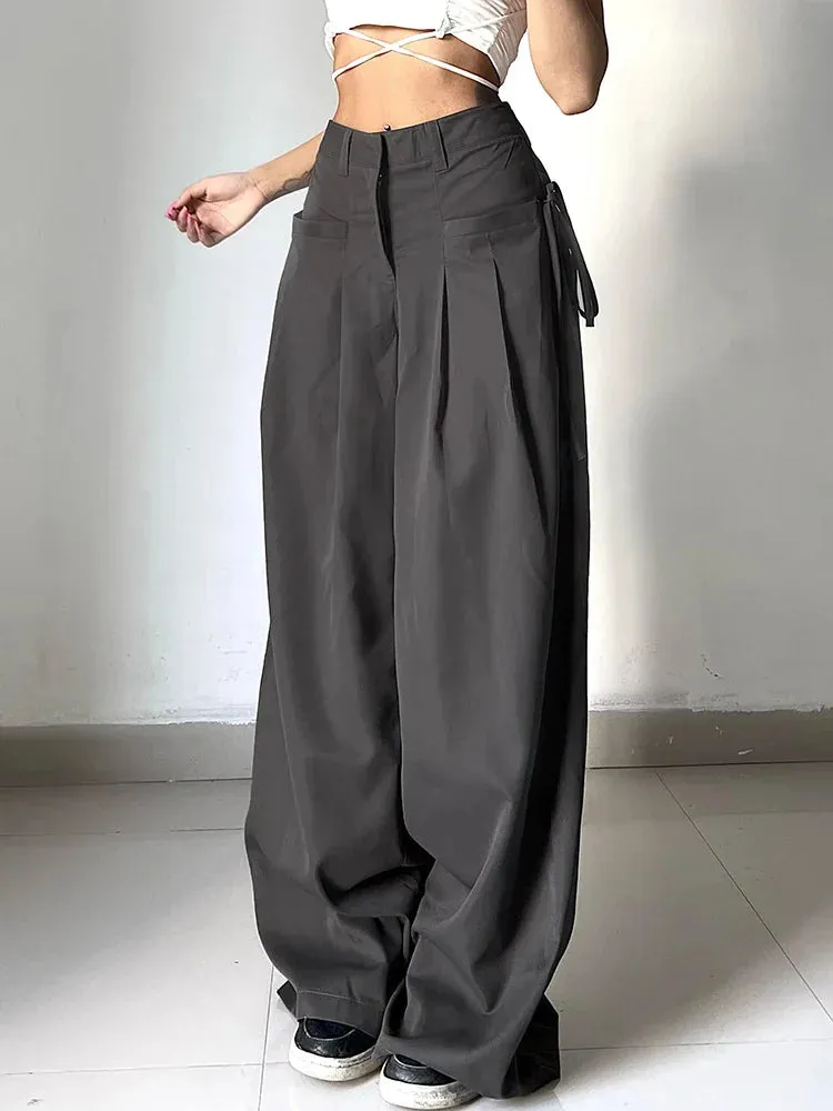 Amozae Casual Wide Leg Pants Women High Waist Street Basic Slacks Loose Sweat Trousers Korean Retro Gray Office Lady Pants