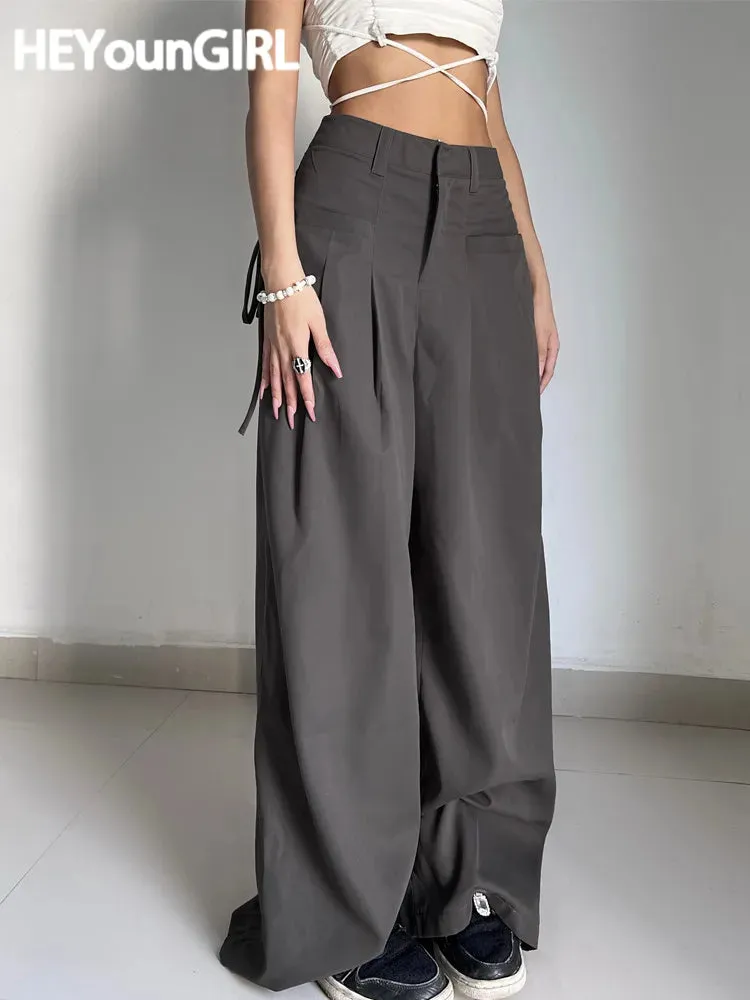 Amozae Casual Wide Leg Pants Women High Waist Street Basic Slacks Loose Sweat Trousers Korean Retro Gray Office Lady Pants