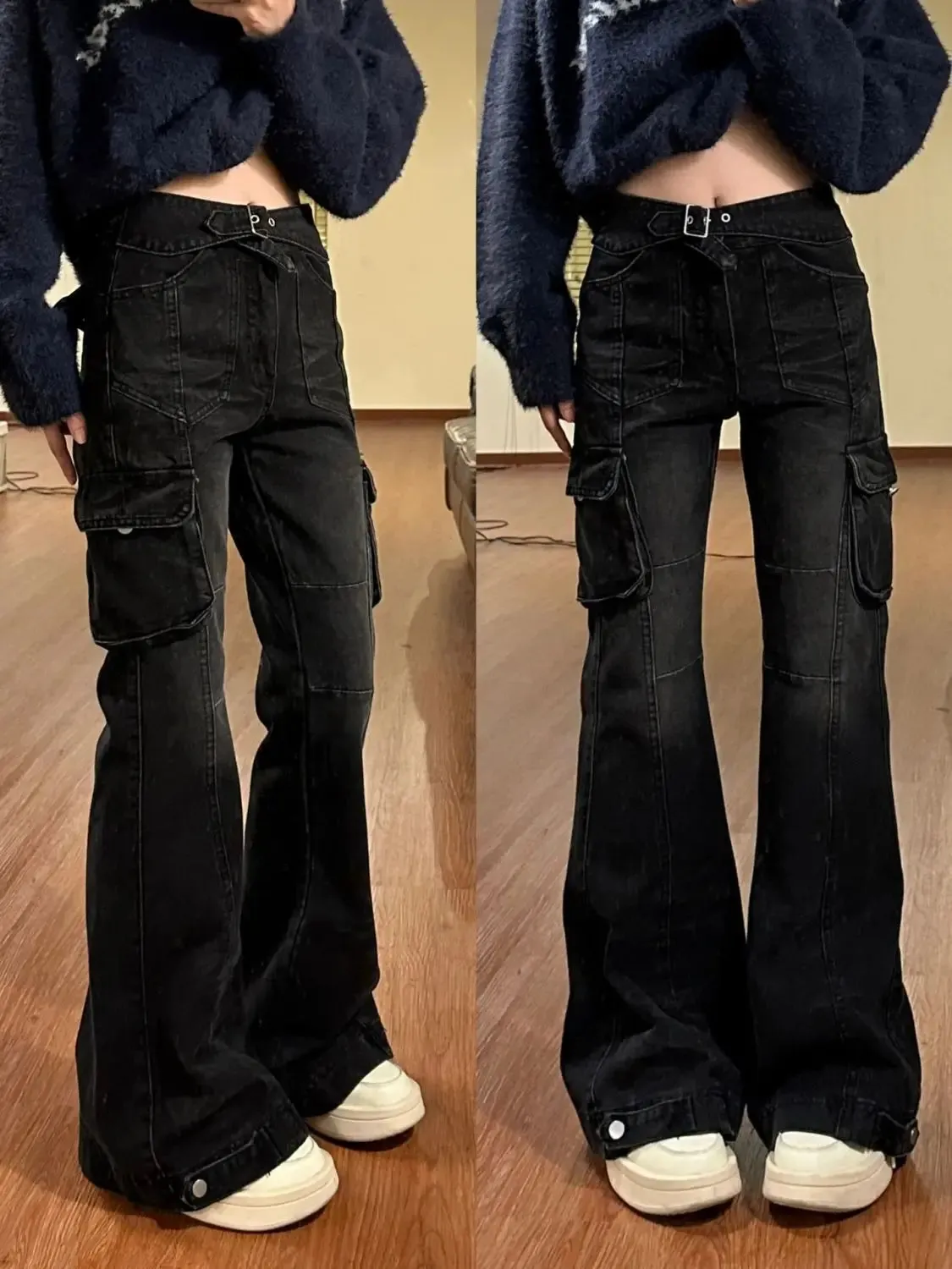 Amozae-Flare Jeans Multiple Pockets High Street Black Lady Large Size Slim Bell Bottoms Fashion Denim Trousers 2000s American Retro