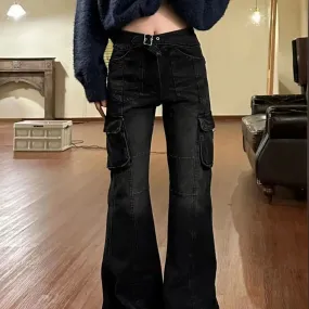 Amozae-Flare Jeans Multiple Pockets High Street Black Lady Large Size Slim Bell Bottoms Fashion Denim Trousers 2000s American Retro