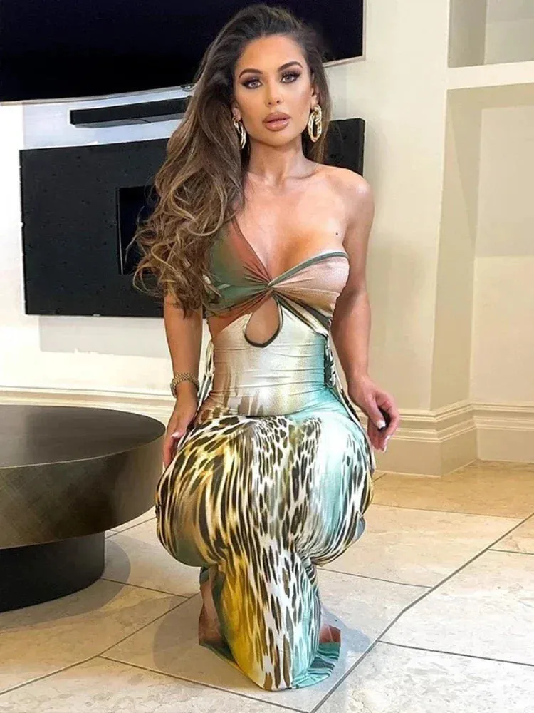 Animal Print Twist Hollow One Shoulder Long Dresses Sexy Party Night Club Outfits for Women Bodycon Dress 2023 C17CC25