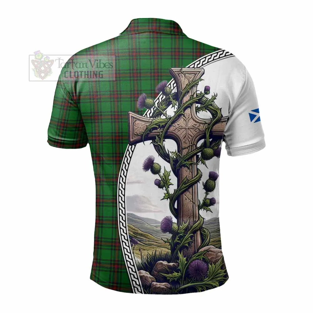 Anstruther Tartan Polo Shirt with Family Crest and St. Andrew's Cross Accented by Thistle Vines