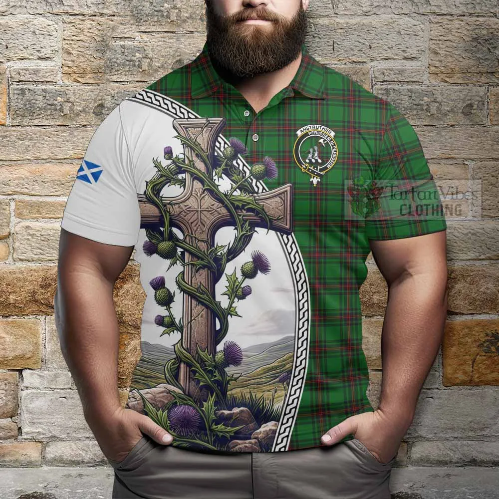 Anstruther Tartan Polo Shirt with Family Crest and St. Andrew's Cross Accented by Thistle Vines