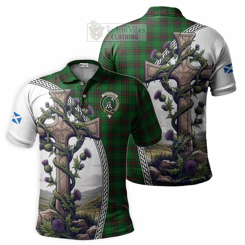 Anstruther Tartan Polo Shirt with Family Crest and St. Andrew's Cross Accented by Thistle Vines