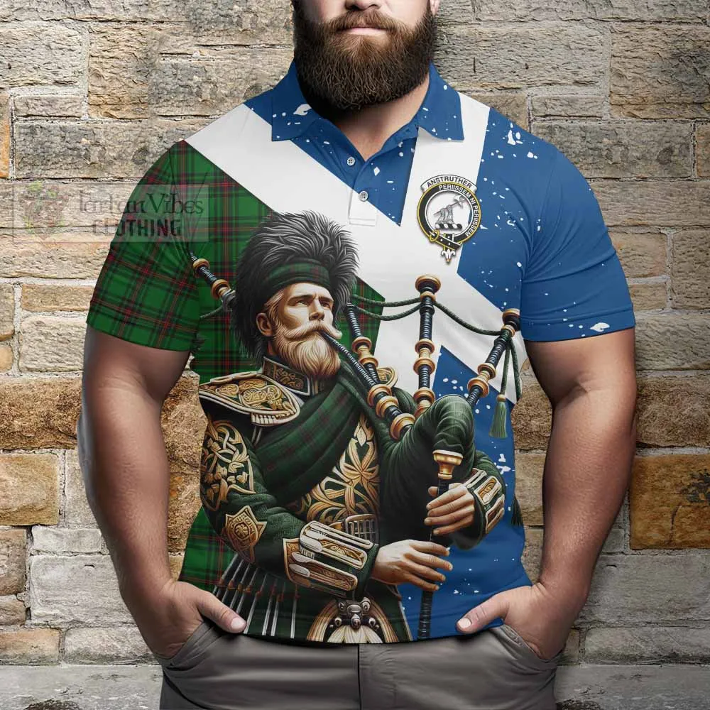 Anstruther Tartan Polo Shirt with Family Crest Scottish Bagpiper Vibes