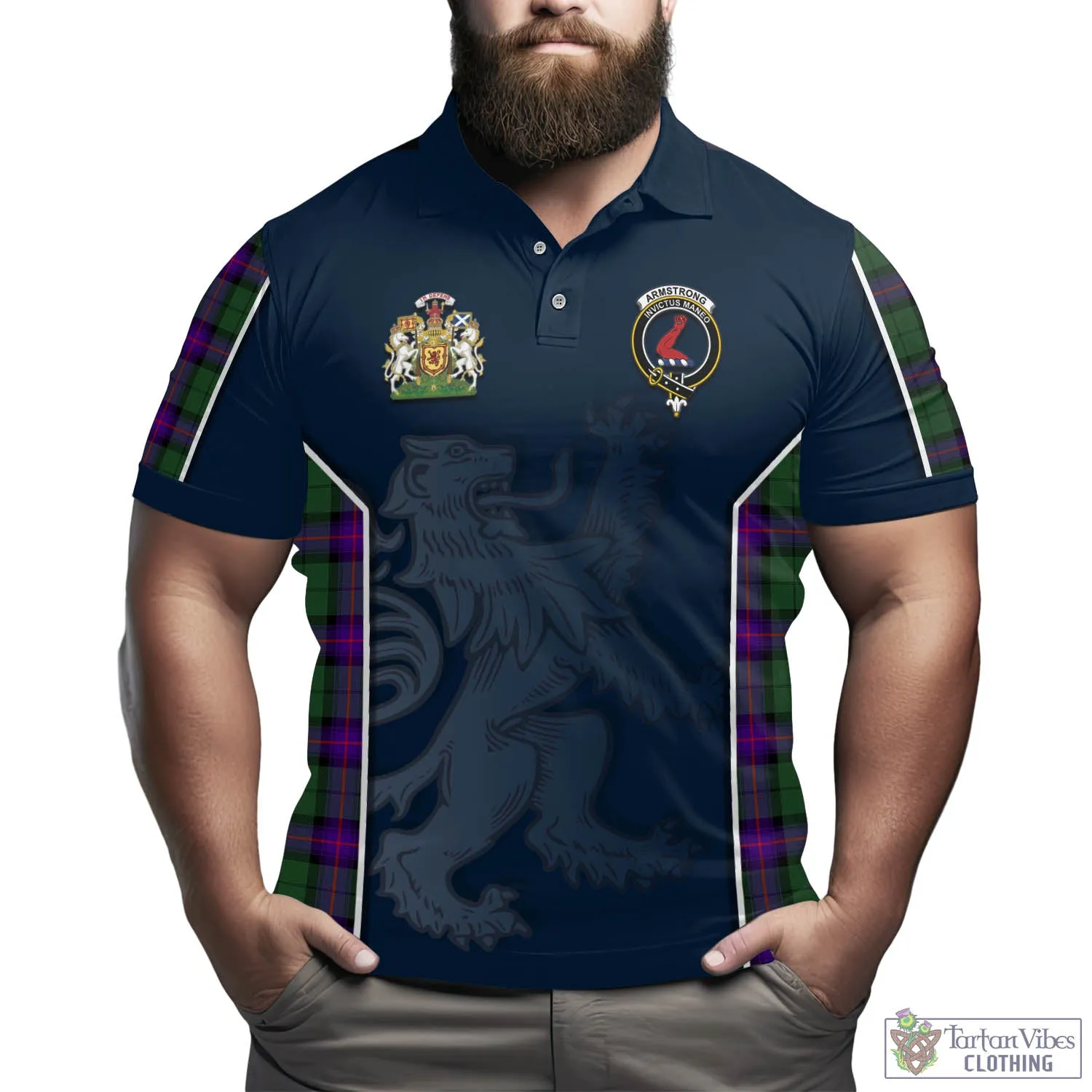 Armstrong Modern Tartan Men's Polo Shirt with Family Crest and Lion Rampant Vibes Sport Style