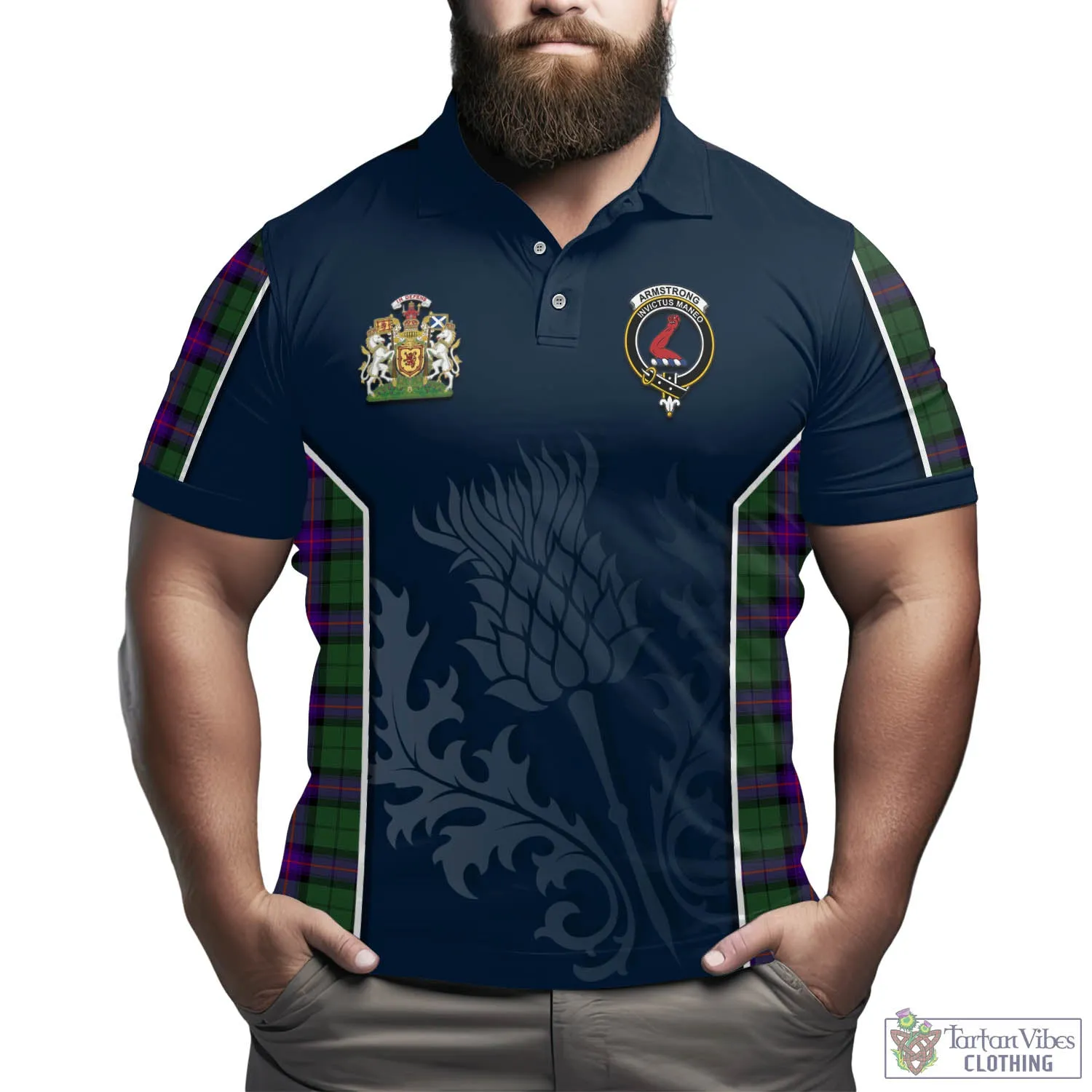 Armstrong Modern Tartan Men's Polo Shirt with Family Crest and Scottish Thistle Vibes Sport Style