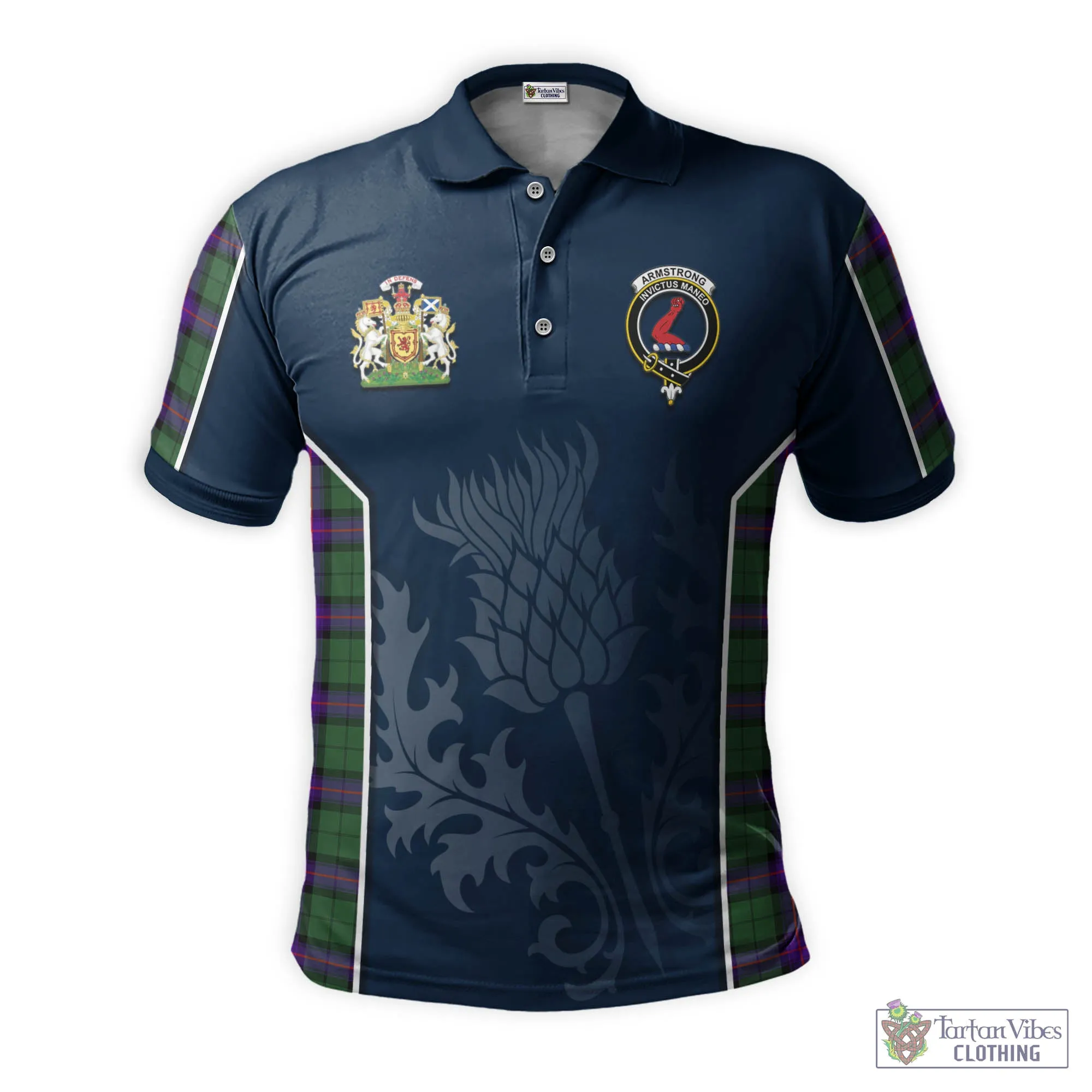 Armstrong Modern Tartan Men's Polo Shirt with Family Crest and Scottish Thistle Vibes Sport Style