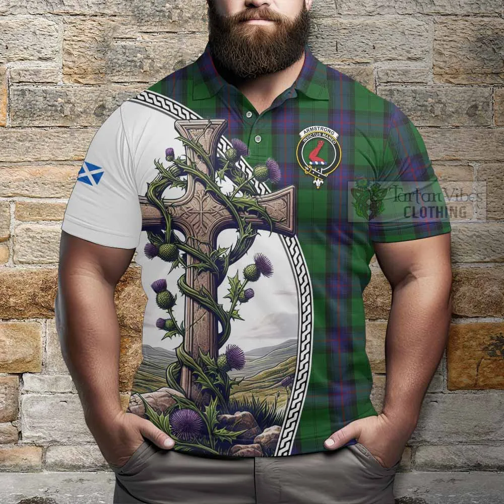 Armstrong Tartan Polo Shirt with Family Crest and St. Andrew's Cross Accented by Thistle Vines