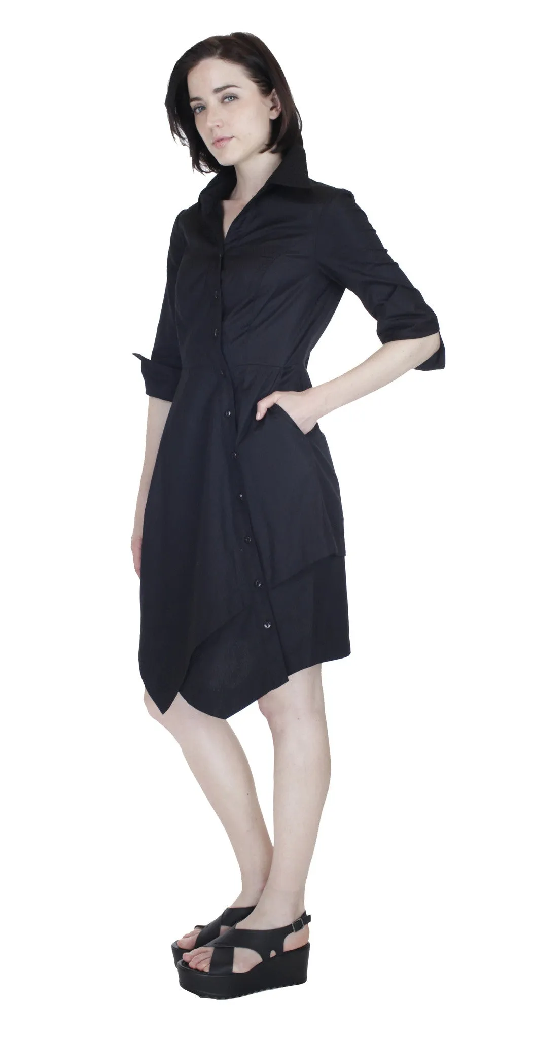 Asym Placket Double tier Shirtdress / Black