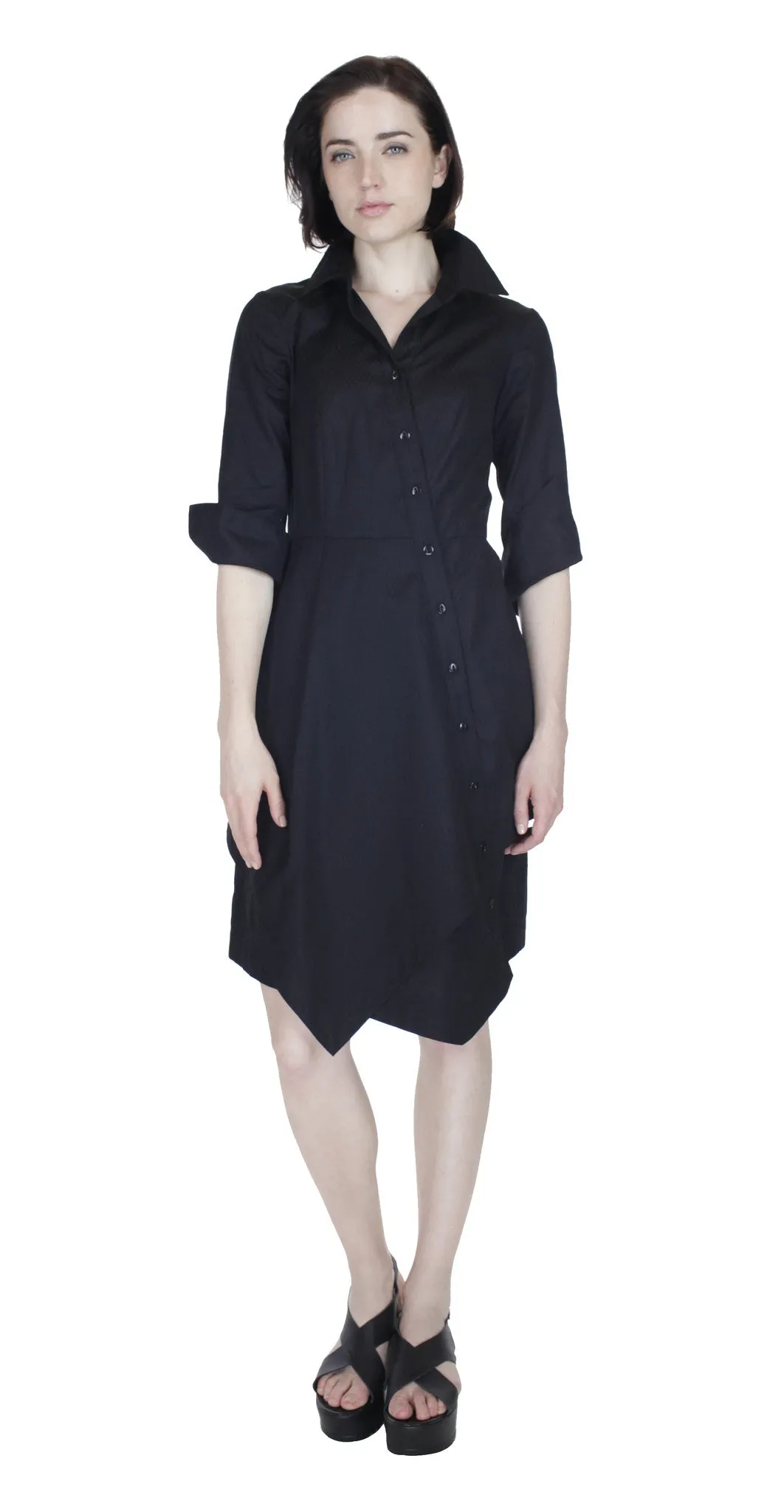 Asym Placket Double tier Shirtdress / Black