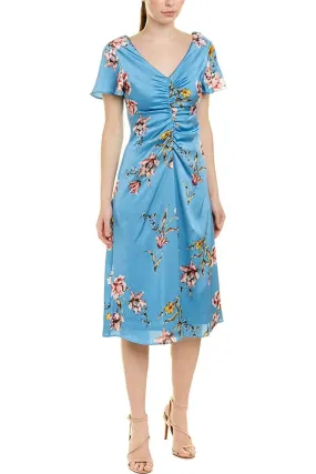 Avec Les Filles V-Neck Short Sleeve Ruched Floral Print Zipper Back Satin Dress