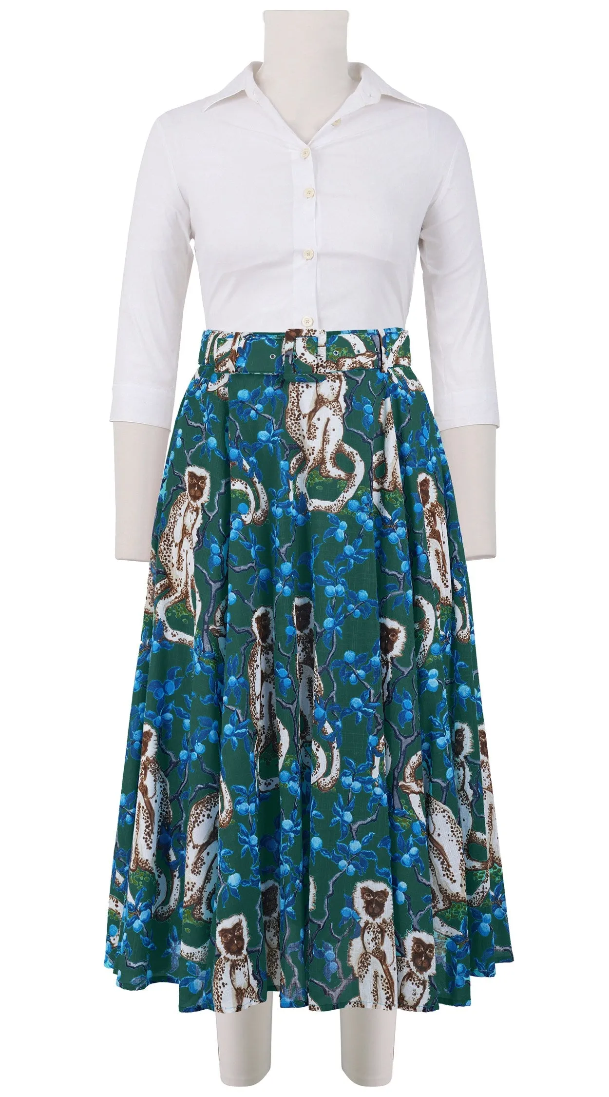 Avenue Skirt Midi Length Cotton Musola (Monkey on Green)