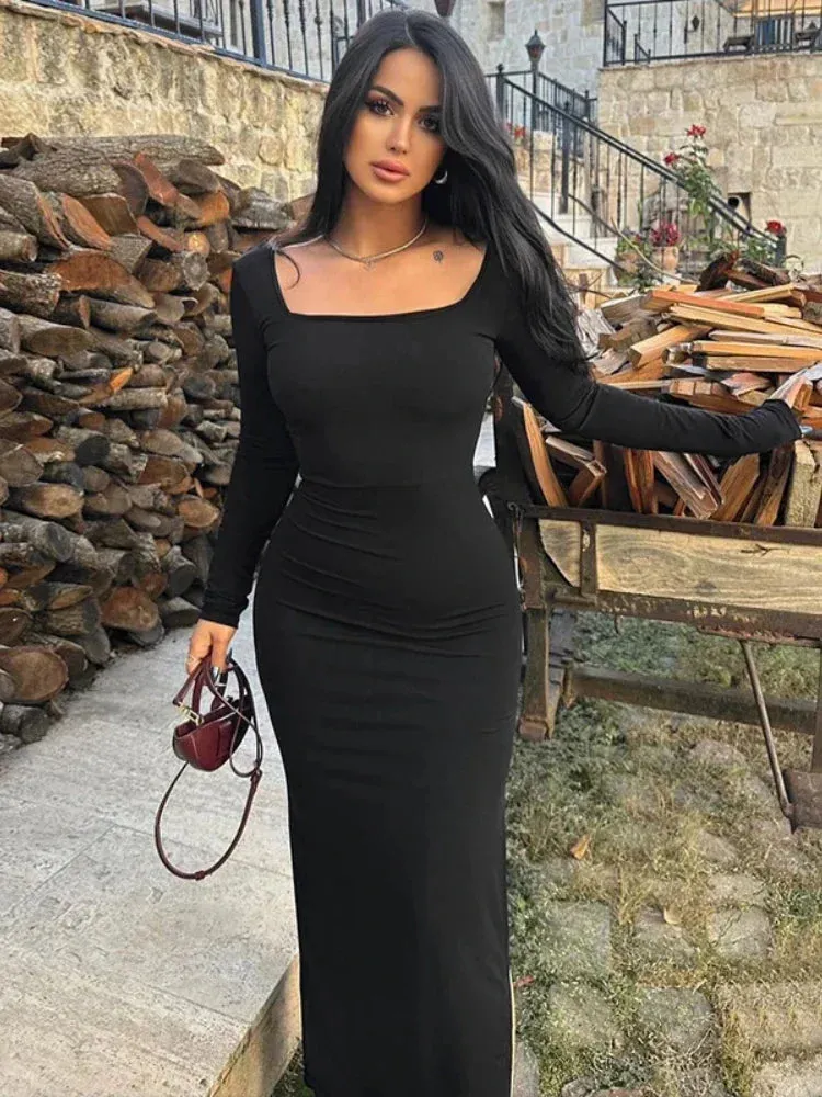 Back Bandage Maxi Dress Black Sexy Winter Long Sleeve Bodycon Dresses for Women Clothing 2023 New Arrivals C70-CG32