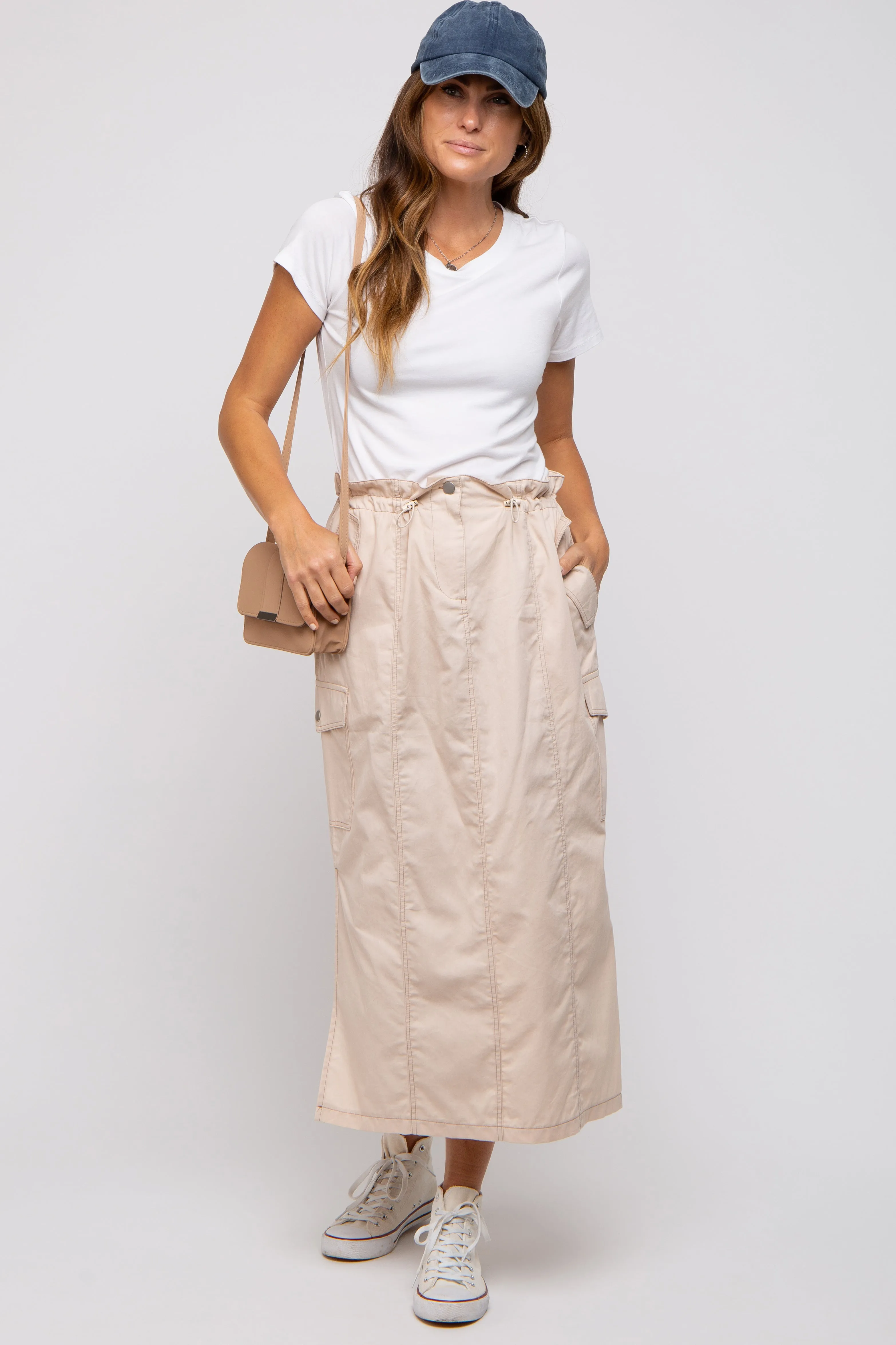 Beige Cargo Cinched Midi Skirt