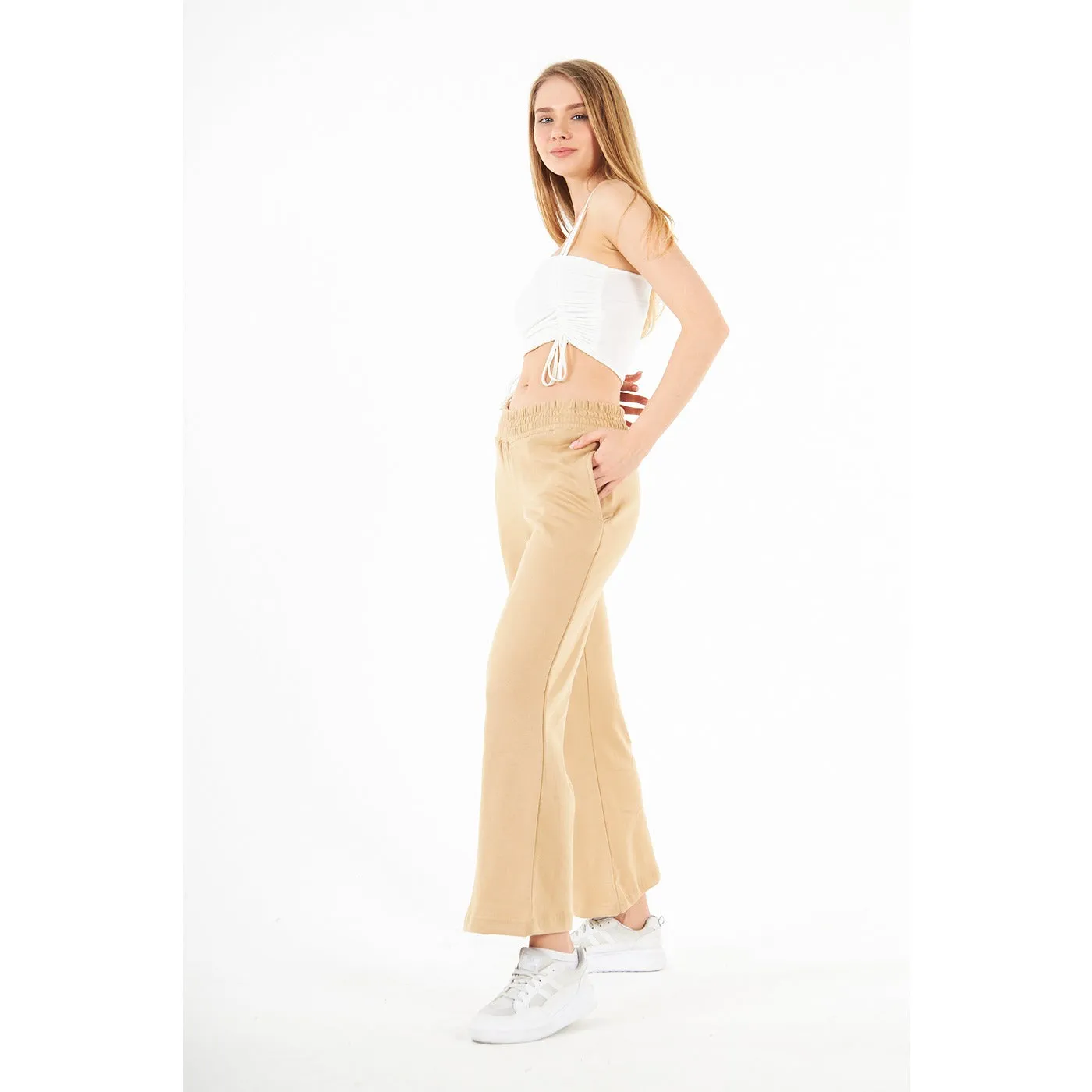 Beige Wide Leg High Trousers