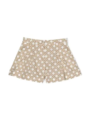 Beige Woven Print Pleated Shorts