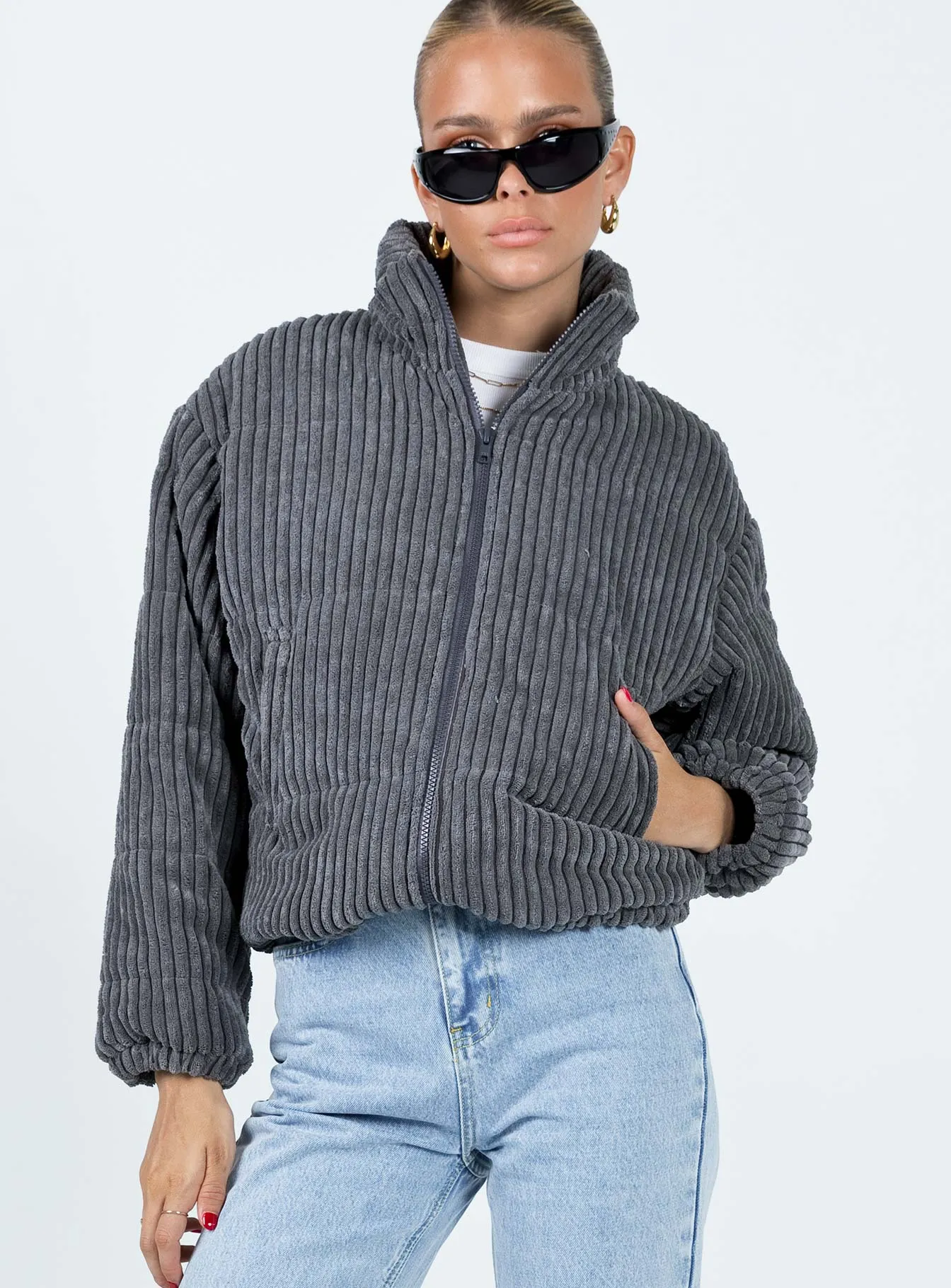 Benli Cord Puffer Jacket Slate