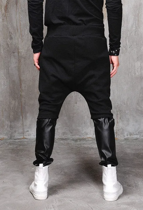 Biker Drop Crotch Dark Quilted Pocket Jersey&Faux Leather Harem Pants