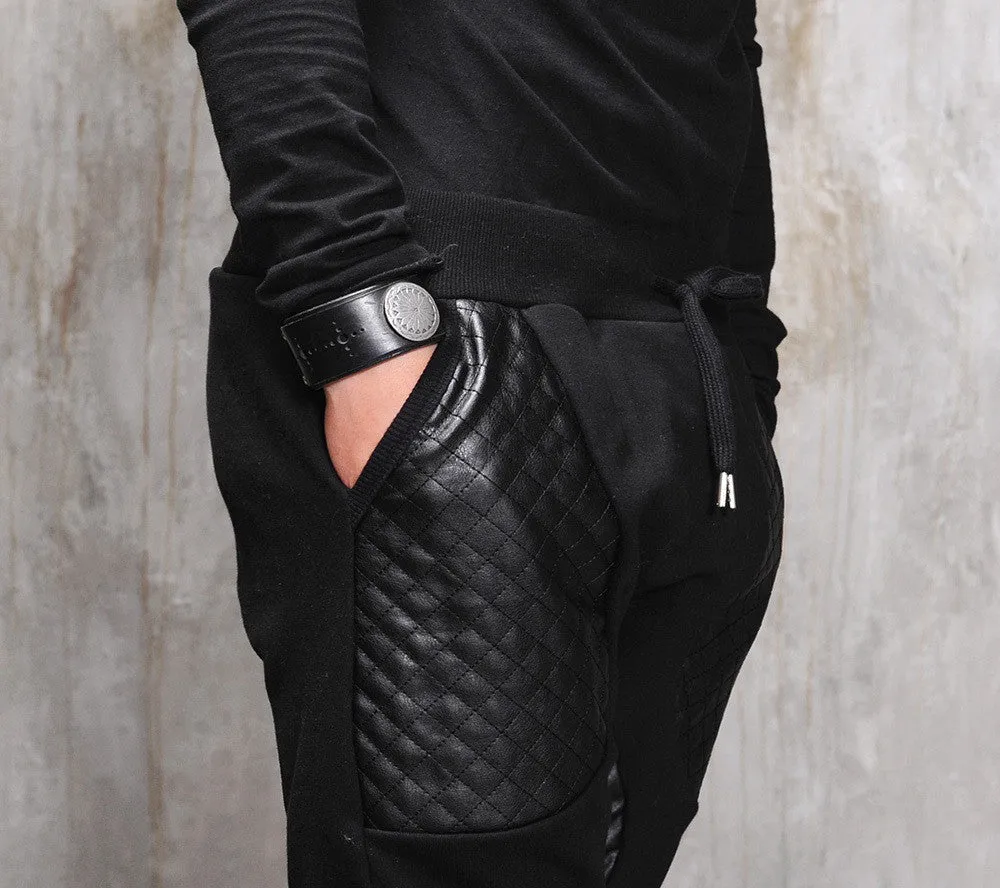 Biker Drop Crotch Dark Quilted Pocket Jersey&Faux Leather Harem Pants