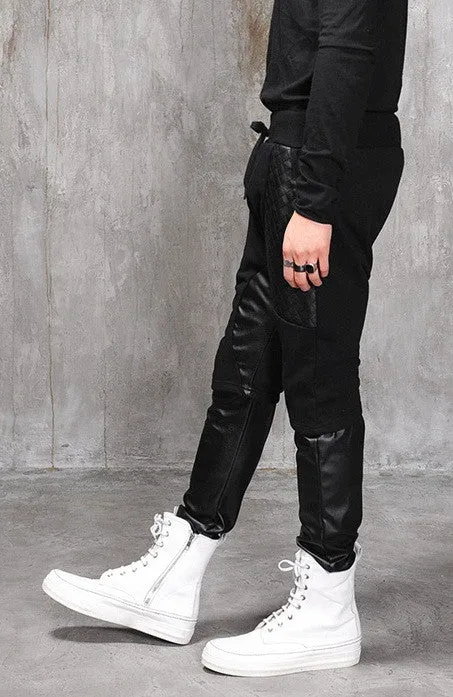 Biker Drop Crotch Dark Quilted Pocket Jersey&Faux Leather Harem Pants