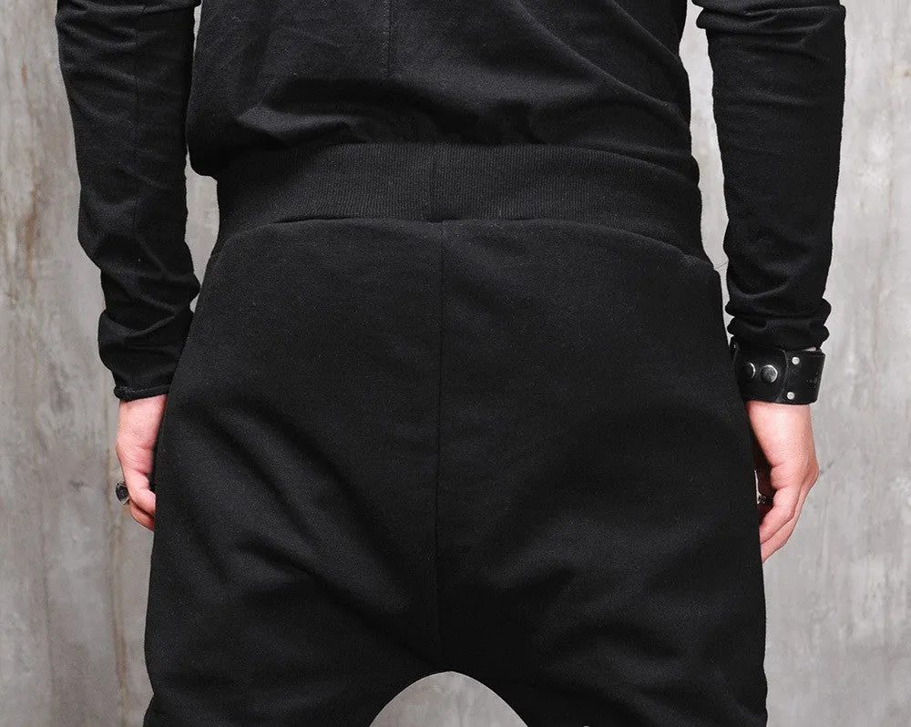 Biker Drop Crotch Dark Quilted Pocket Jersey&Faux Leather Harem Pants