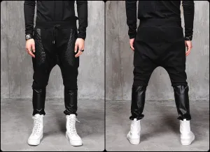 Biker Drop Crotch Dark Quilted Pocket Jersey&Faux Leather Harem Pants