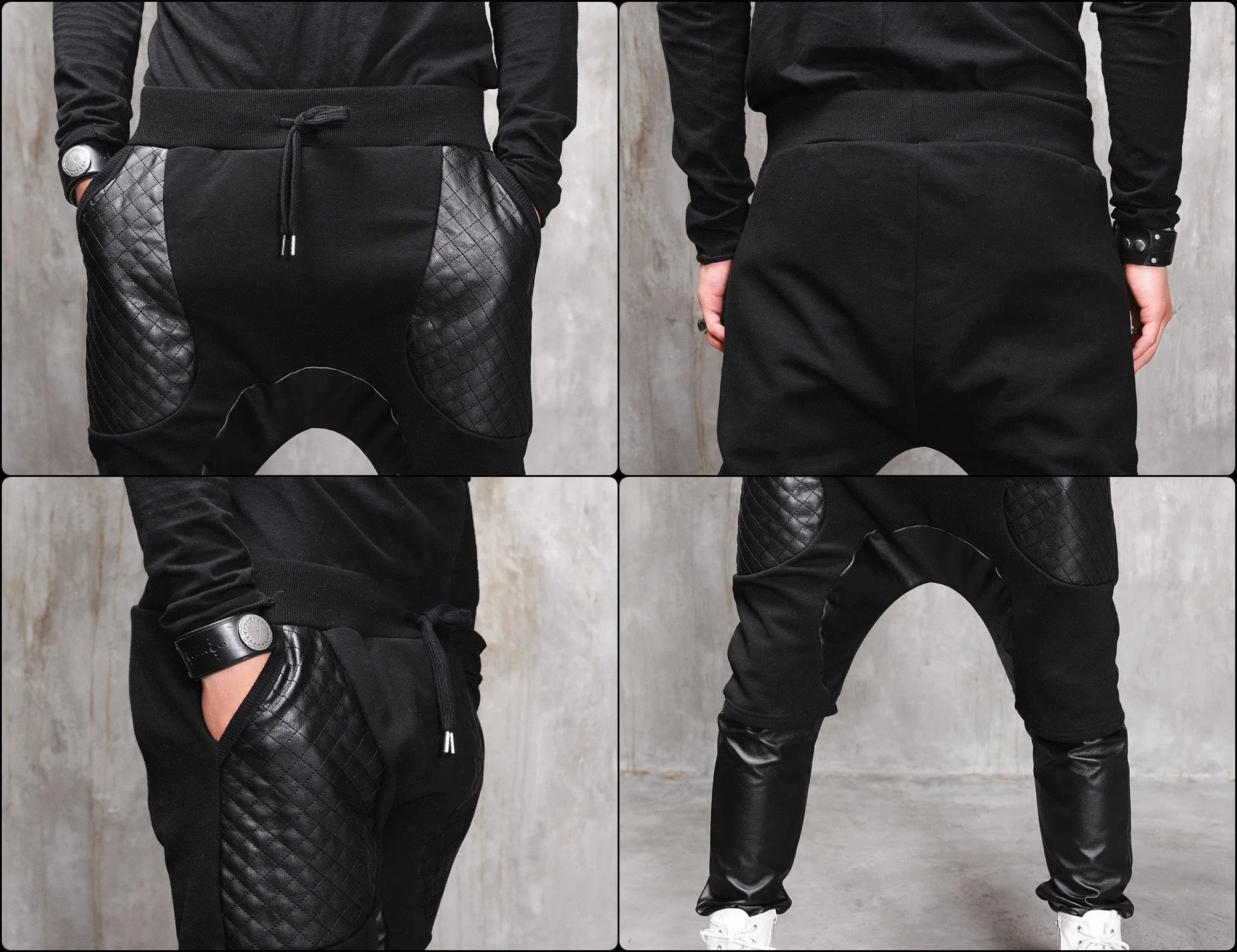 Biker Drop Crotch Dark Quilted Pocket Jersey&Faux Leather Harem Pants