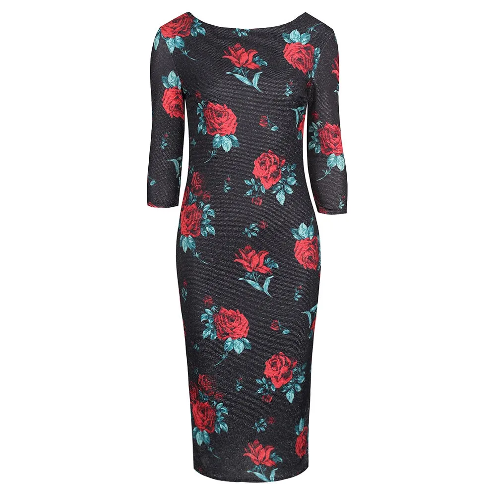 Black and Red Rose Print 1940s Sparkle Bodycon Pencil Wiggle Party Dress