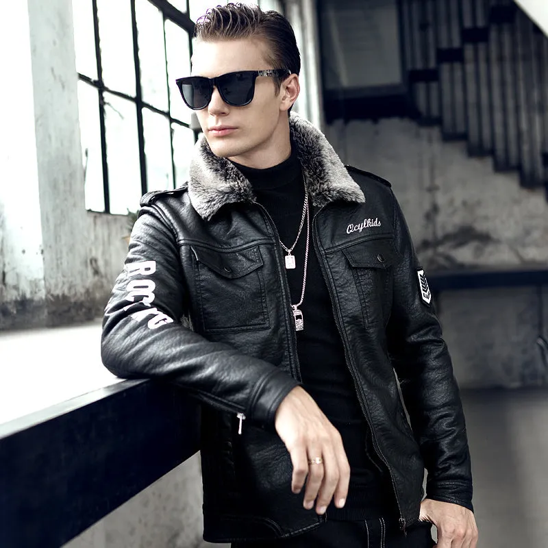 Black Classic Warm Faux Fur Collar Winter Thick Style Men Jacket