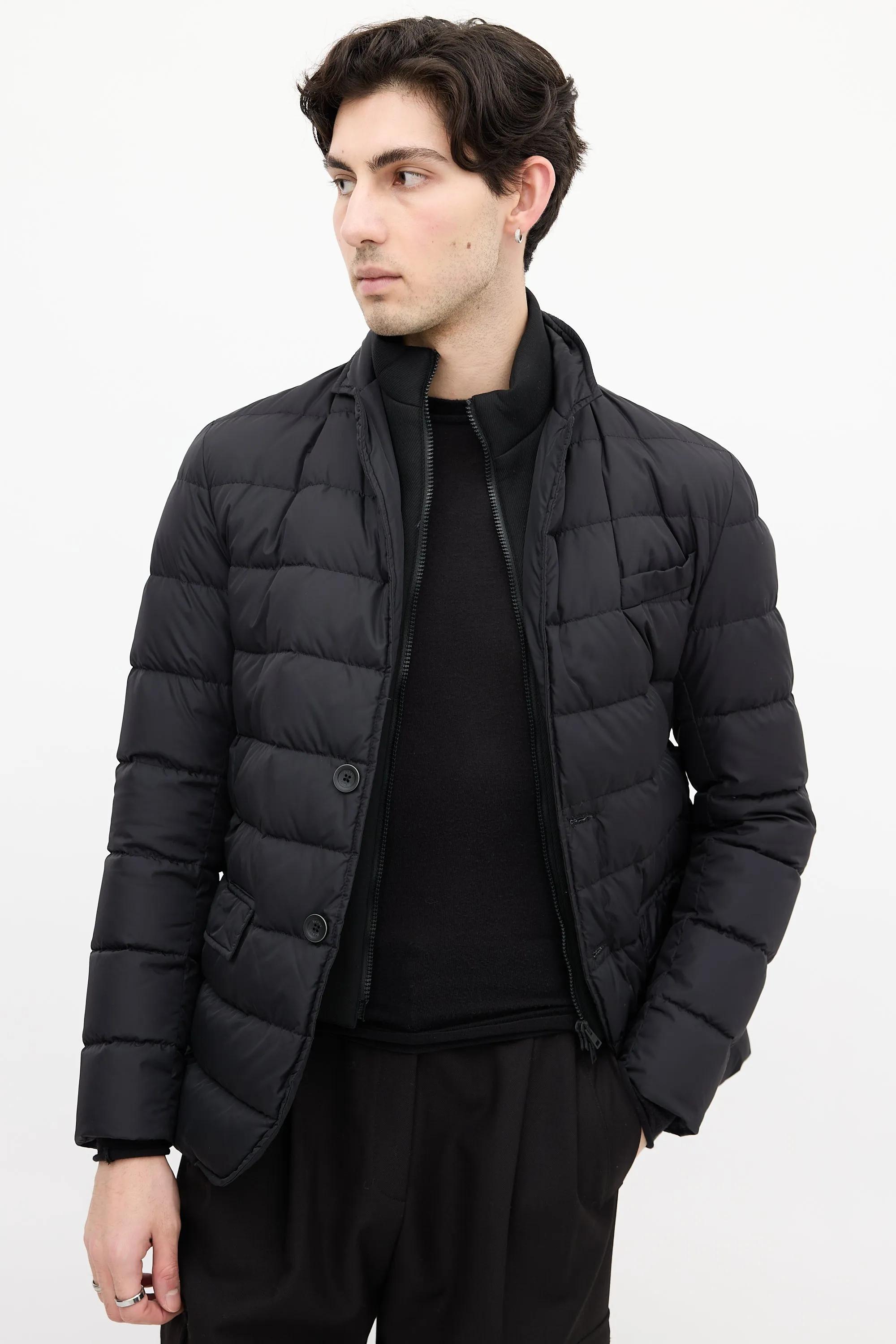 Black Down & Nylon Layered Puffer Jacket