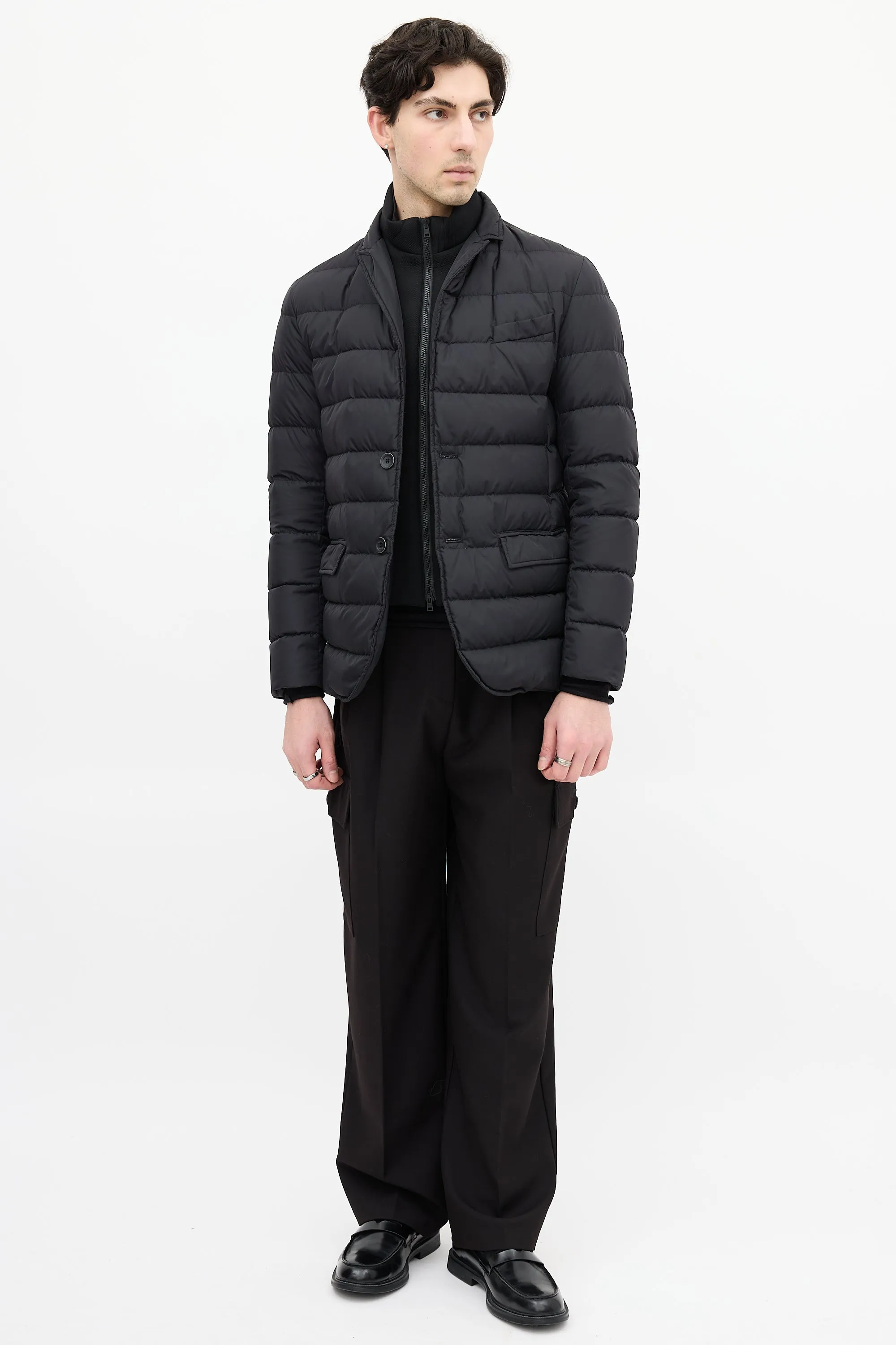 Black Down & Nylon Layered Puffer Jacket